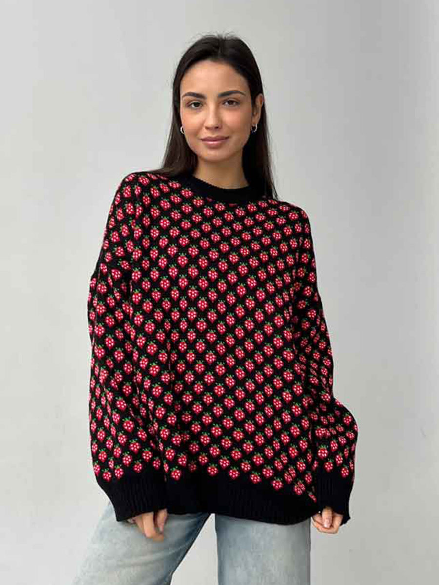 Alodie Strawberry Jacquard Crew Neck Sweater