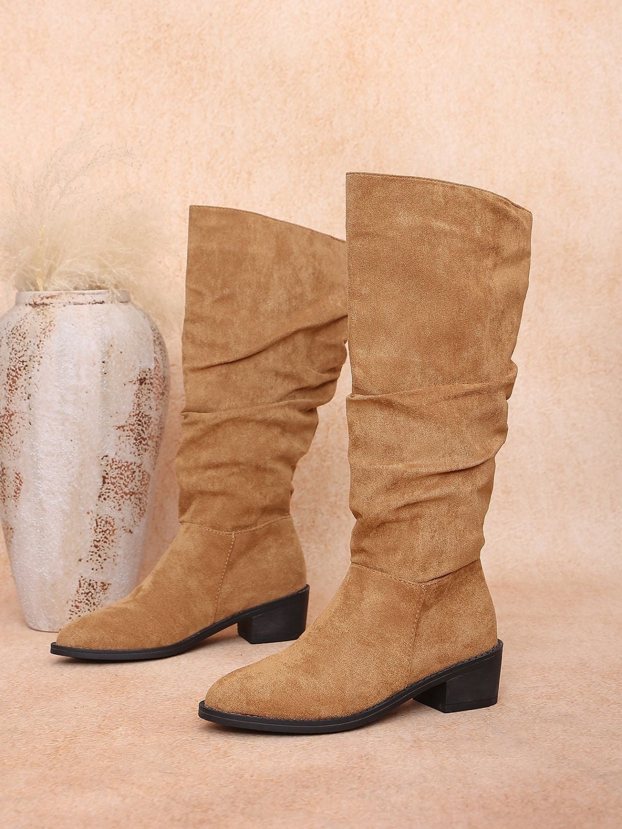 Margo & Main – slouchy faux suede knee-high boots, angled view, US women's sizes