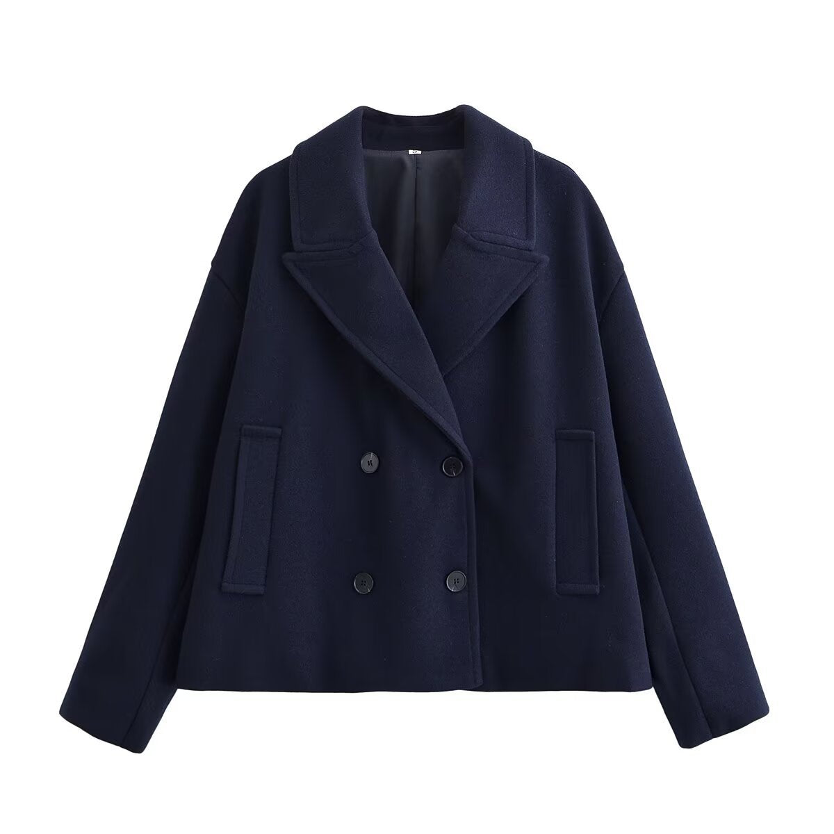 Margo & Main – Thalia dark blue cropped pea coat, front view buttoned, US women's sizes