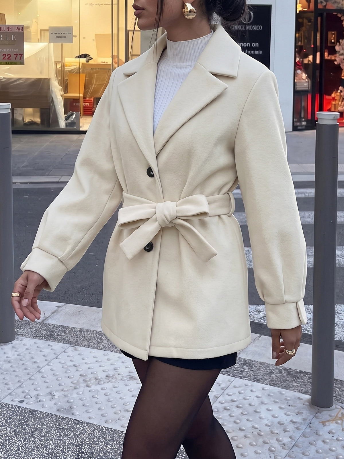 Margo & Main cream wool blend belted short coat — walking view over a white turtleneck, US women's sizes