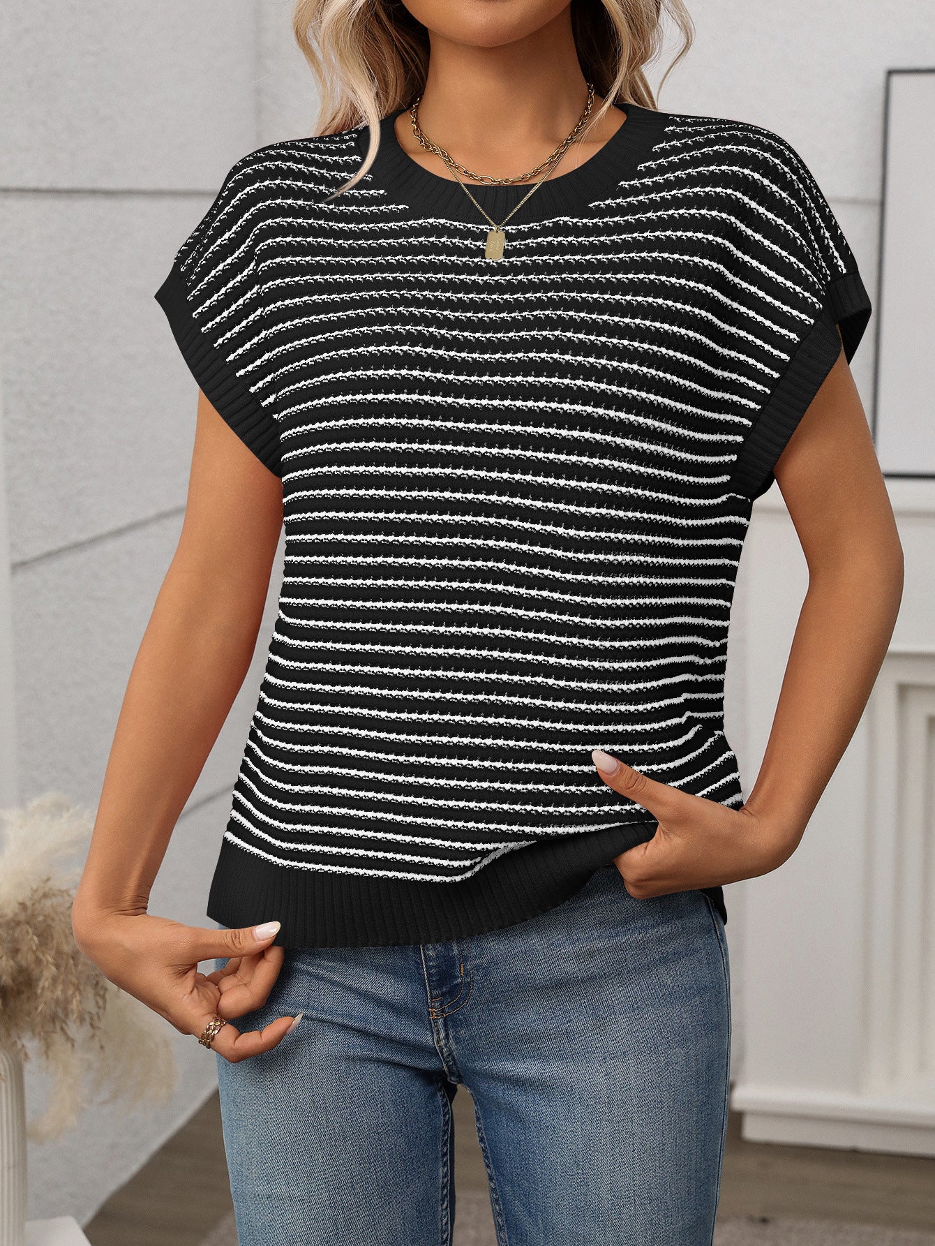 Irene Striped Textured Cap Sleeve Knit Top
