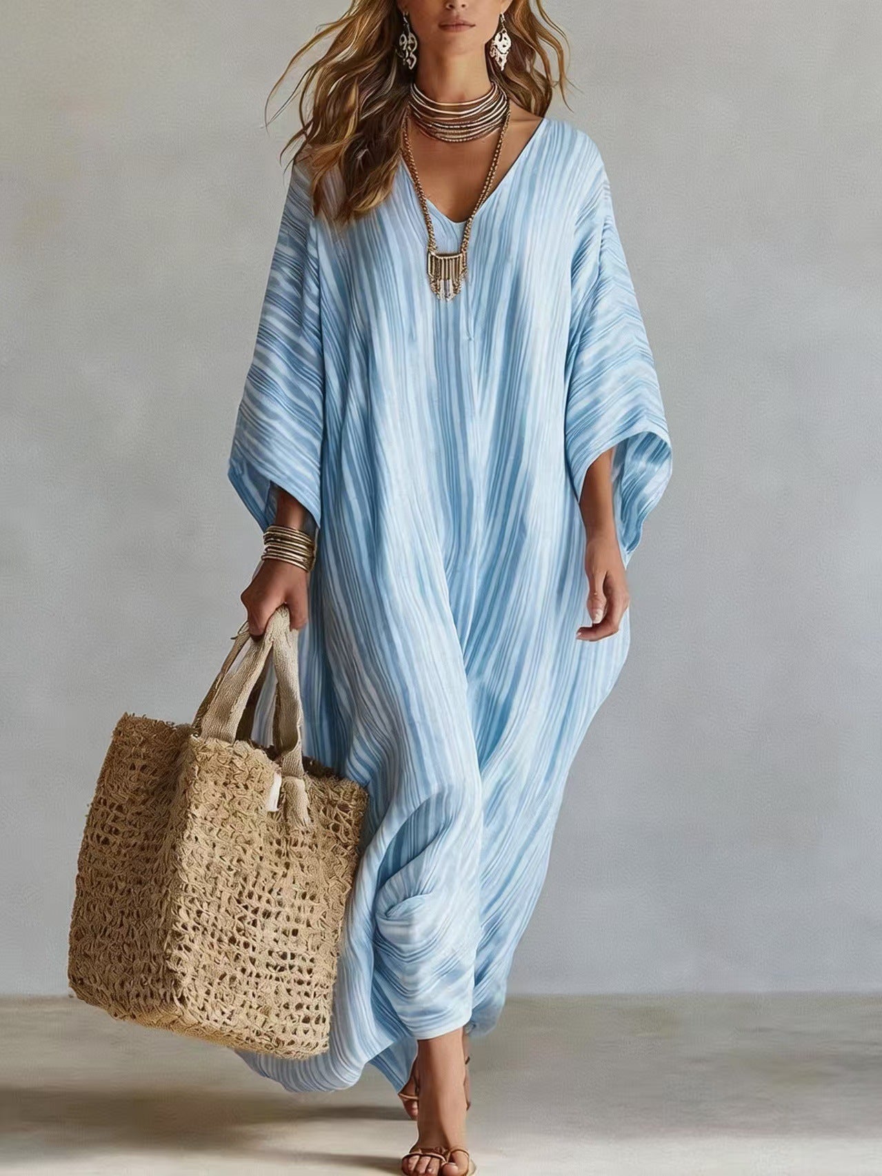 Margo & Main – striped v-neck caftan maxi dress, back view, US women's sizes
