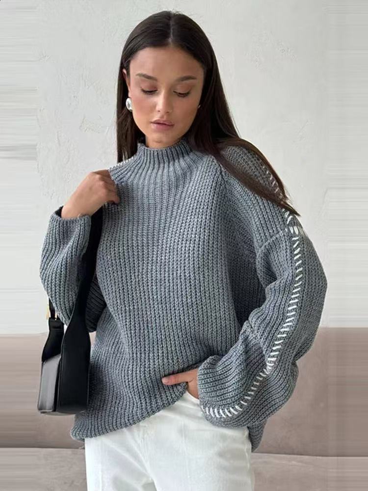 Guinevere Contrast-Stitch Mock Neck Sweater