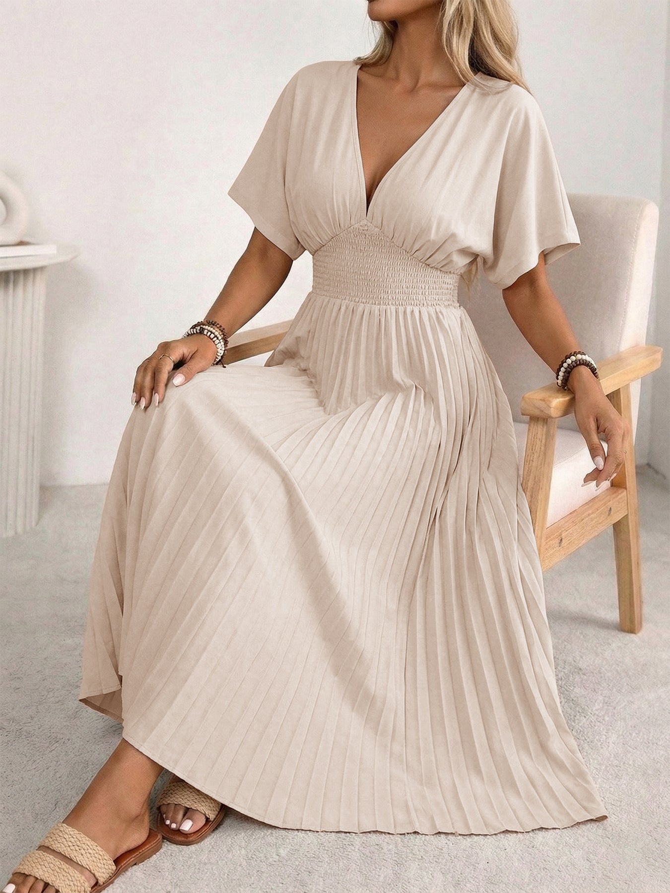 Margo & Main – cream pleated v-neck smocked maxi dress, side view, US women's sizes