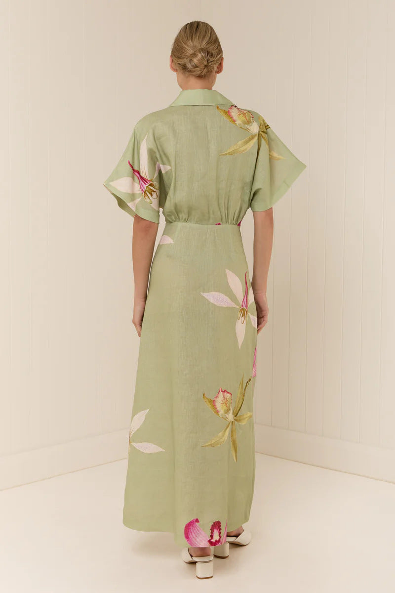 Margo & Main – linen floral collared maxi dress, styled view, US women's sizes