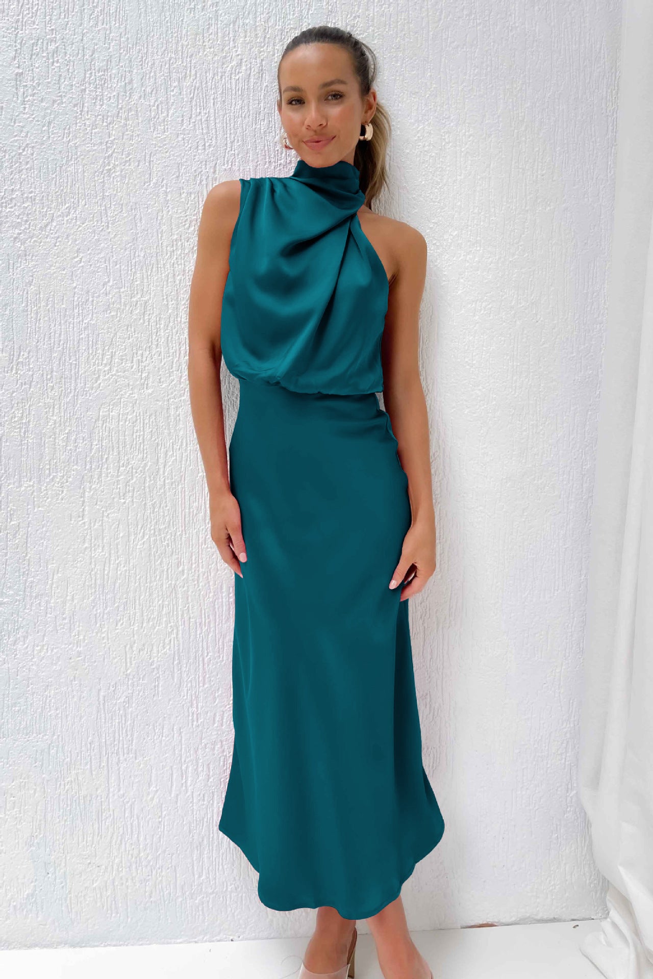 Elara Draped Satin Midi Dress