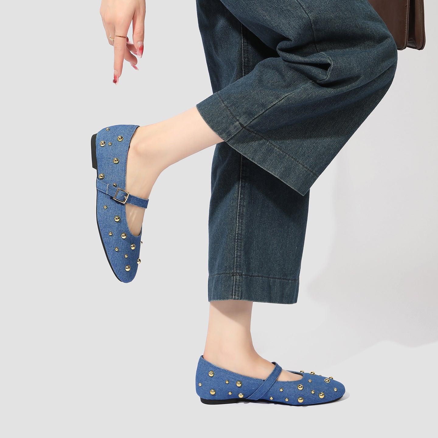 Margo & Main – blue studded denim mary jane flats, fabric detail, US women's sizes