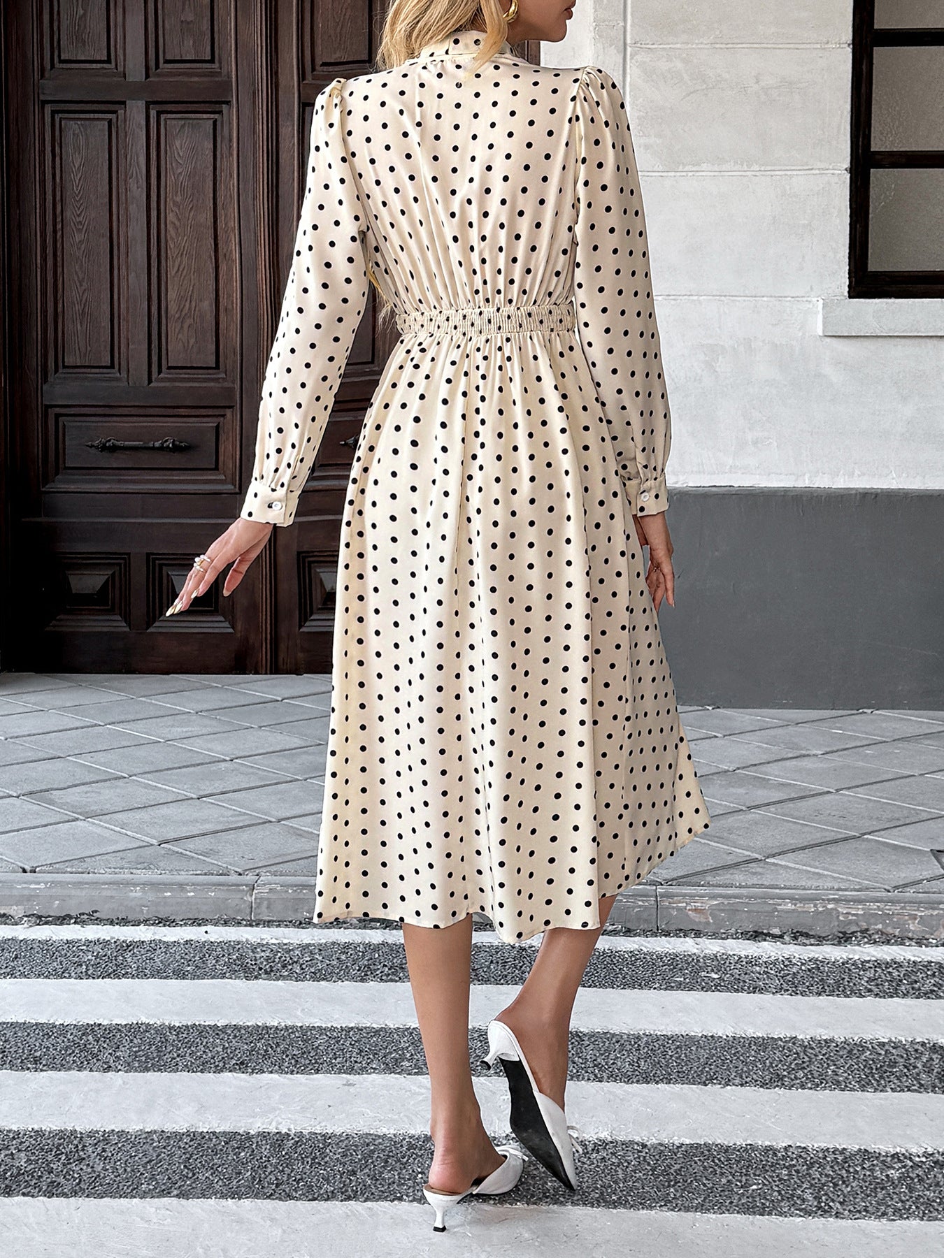 Margo & Main – polka dot tie neck pleated midi dress, styled view, US women's sizes