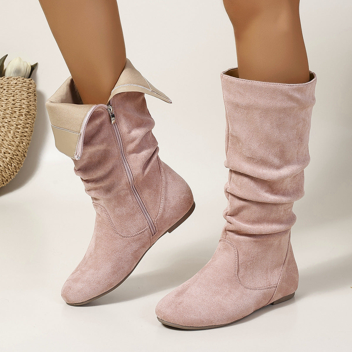 Frida Slouch Mid-Calf Flat Suede Boots