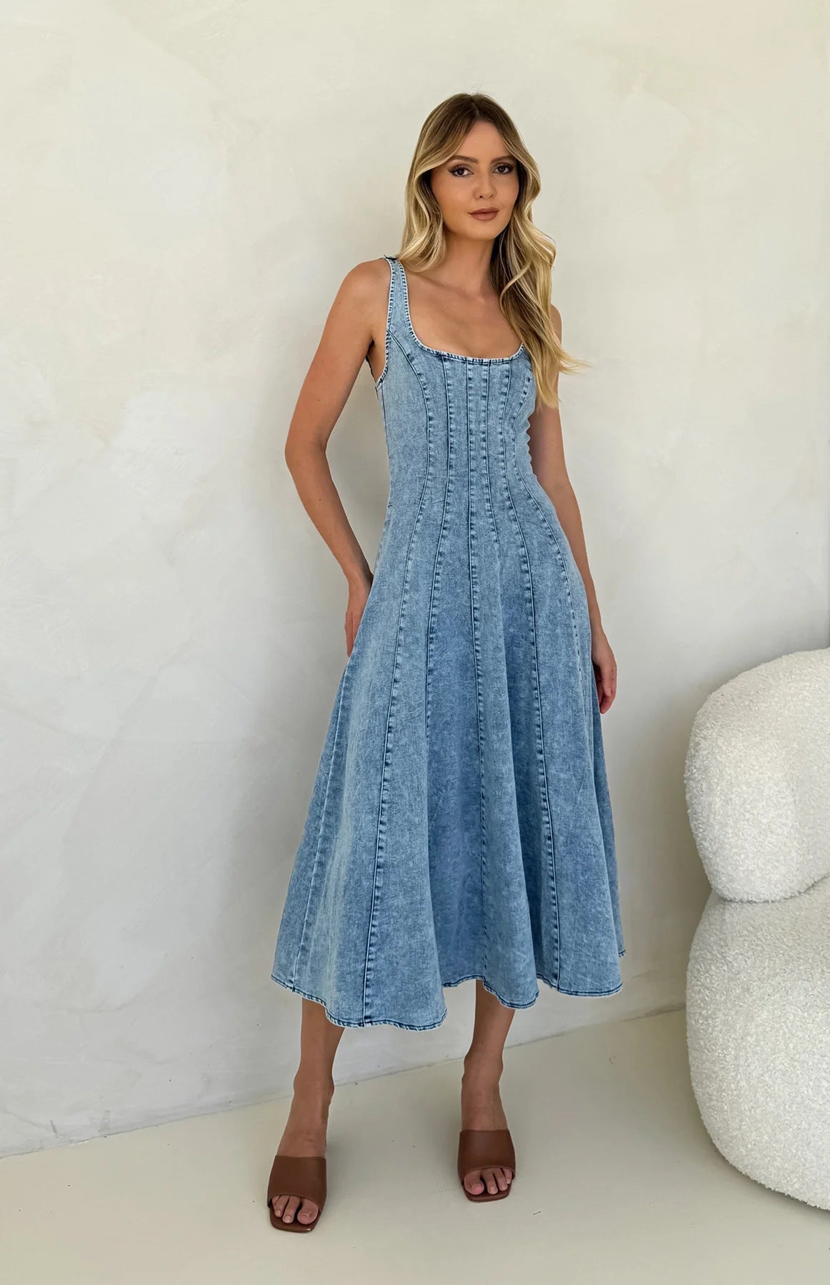 Margo & Main – blue square neck denim maxi dress, detail view, US women's sizes