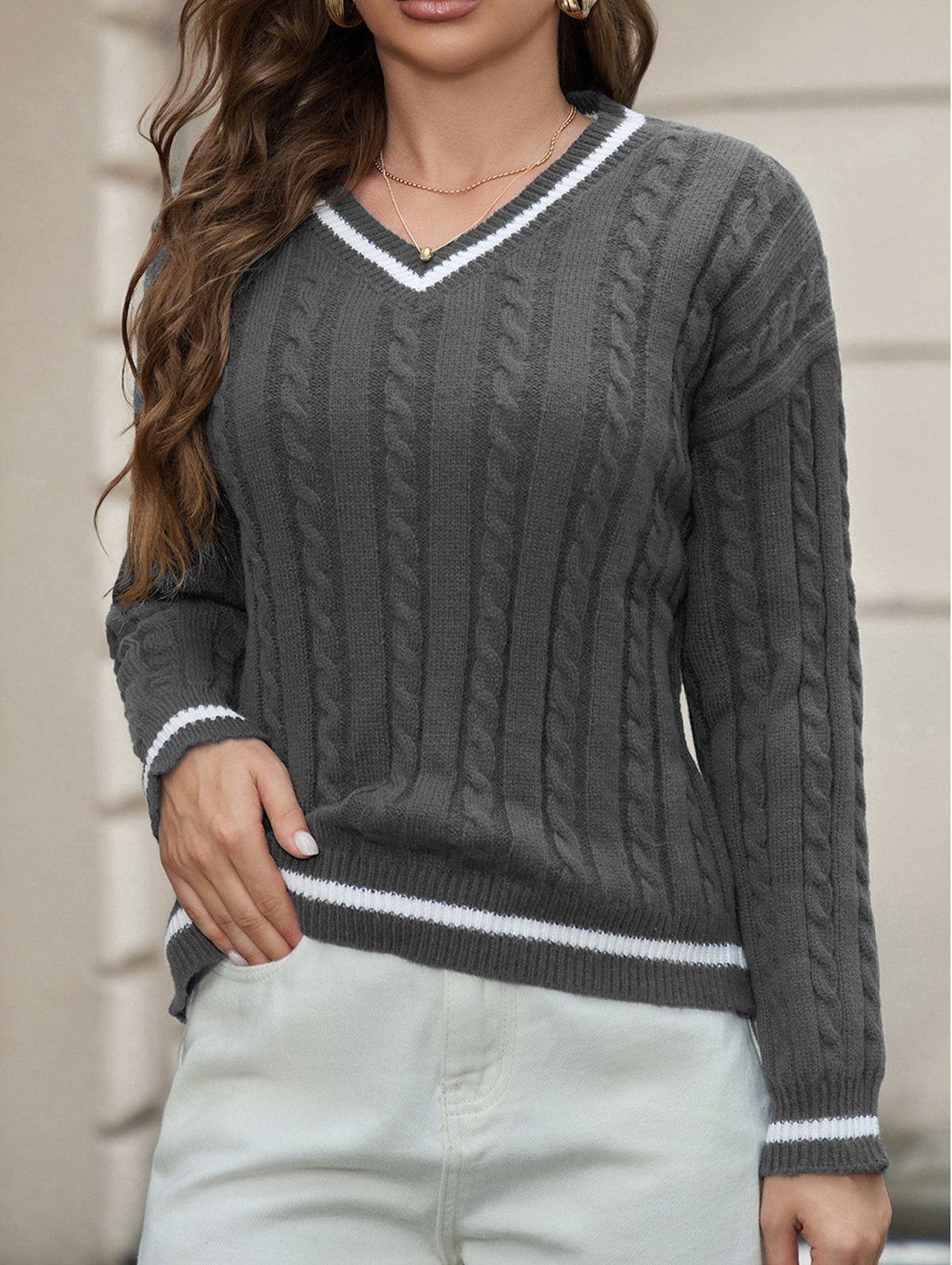 Morwenna Tipped Cable Knit V-Neck Sweater