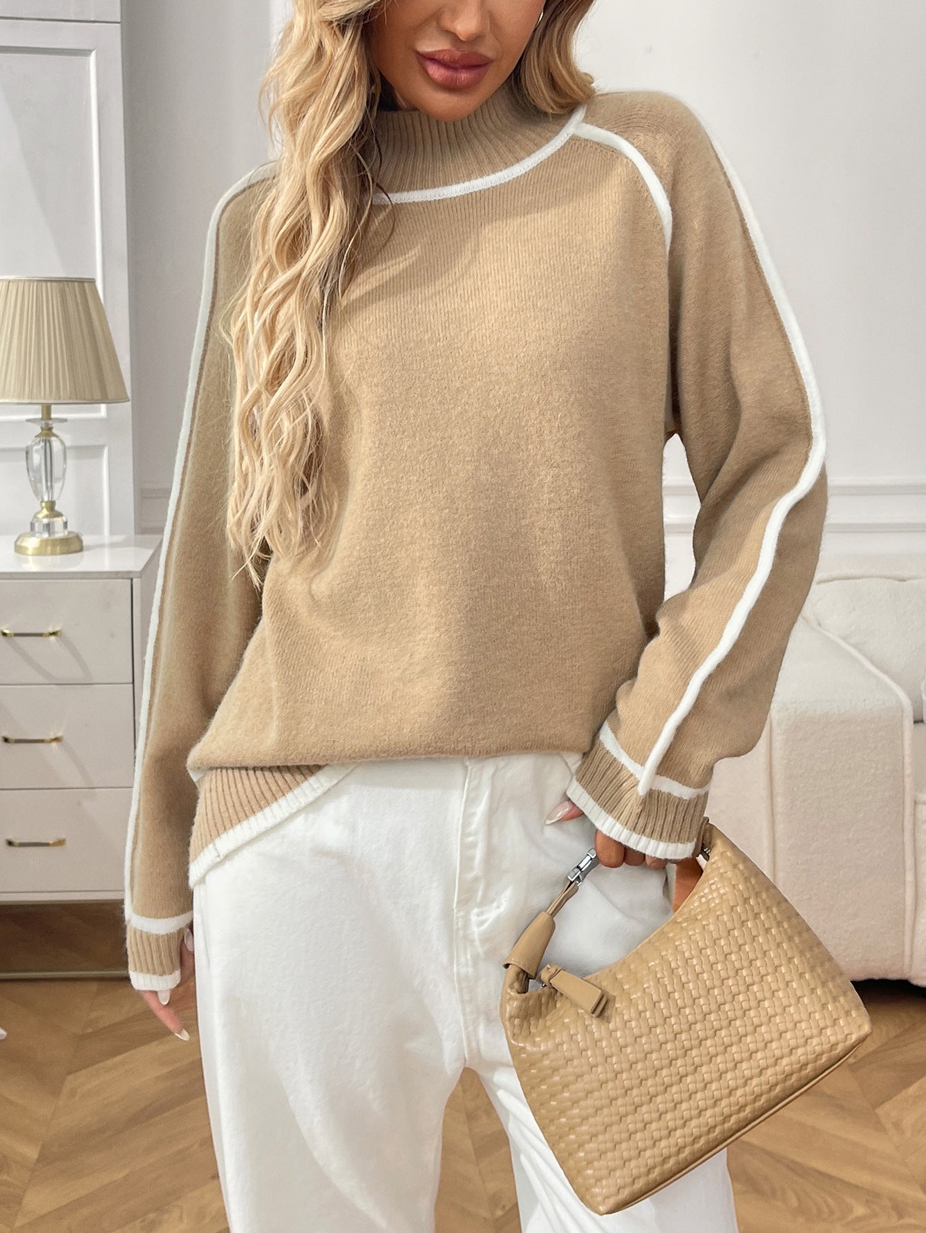 Margo & Main – contrast-trim mock neck sweater, front view, US women's sizes