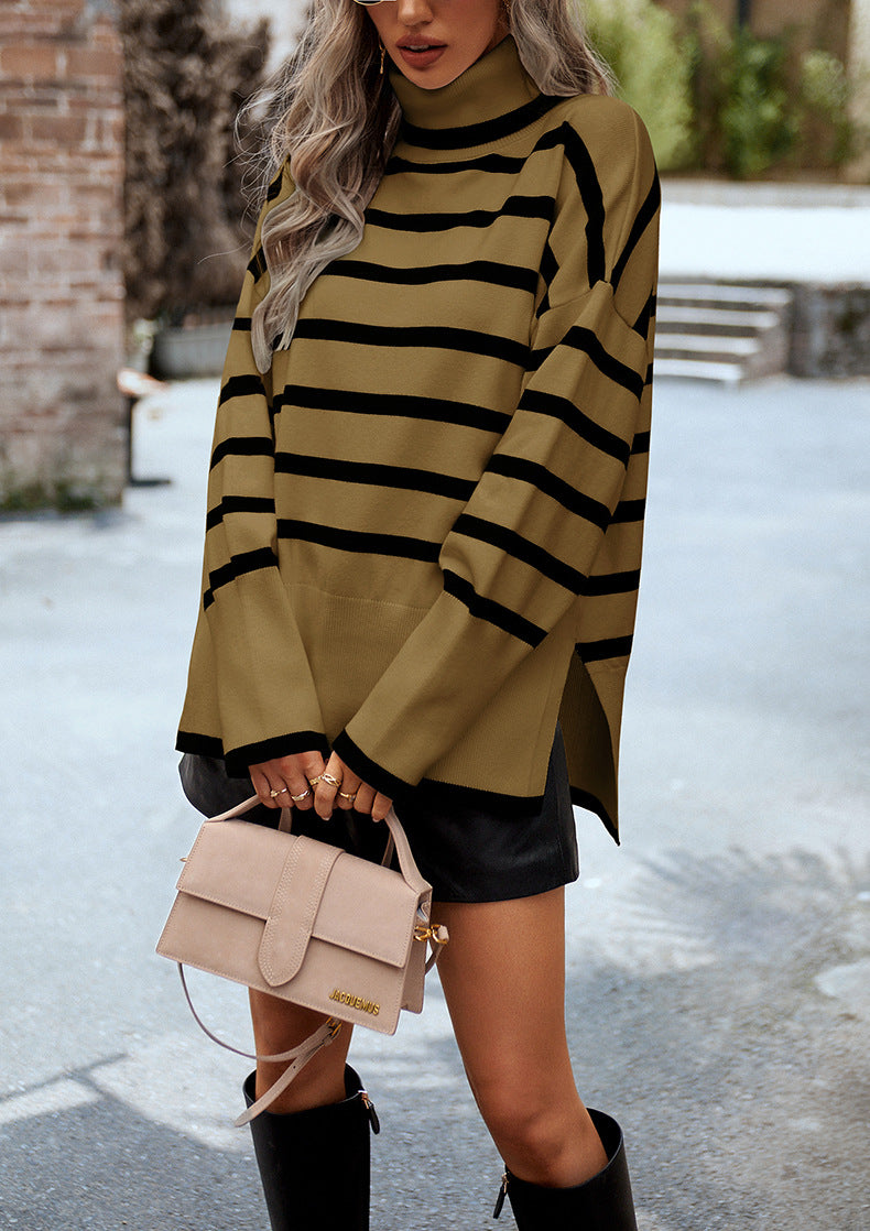 Elvie Striped Mock Neck Side-Slit Sweater