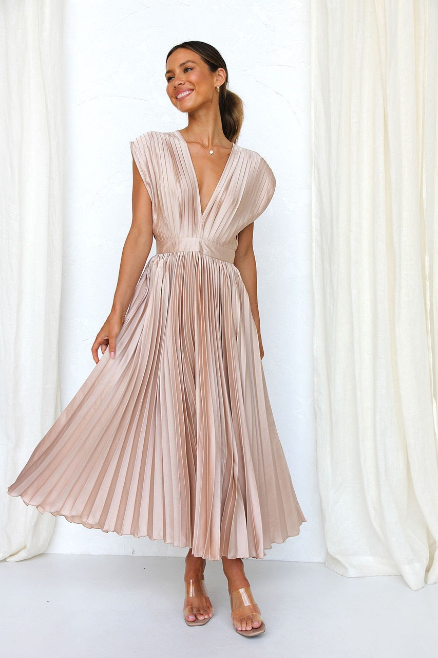 Flattering Pleated Midi Dress for Women – Tummy Friendly V Neck Elegant Flowing Dress