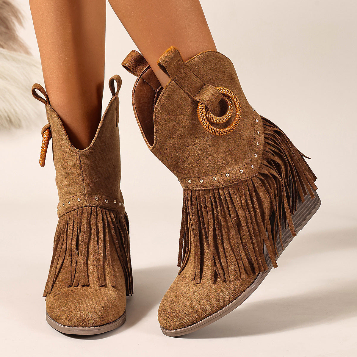 Mirren Fringe Studded Western Mid-Calf Boots