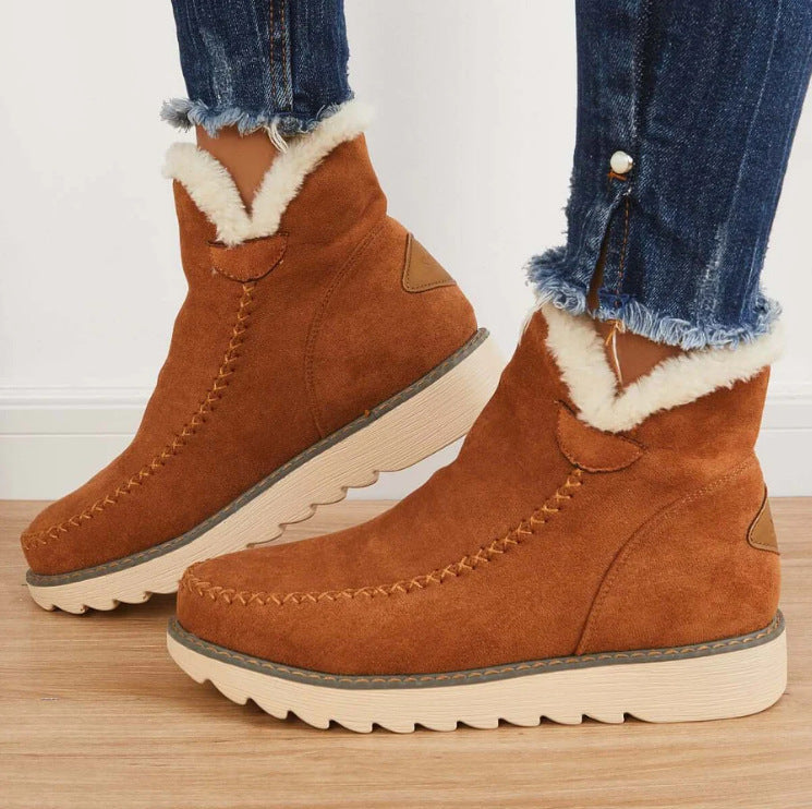 Margo & Main – Ragna chestnut faux-shearling suede ankle boots on a cream lug platform, worn with cropped jeans, US women's sizes