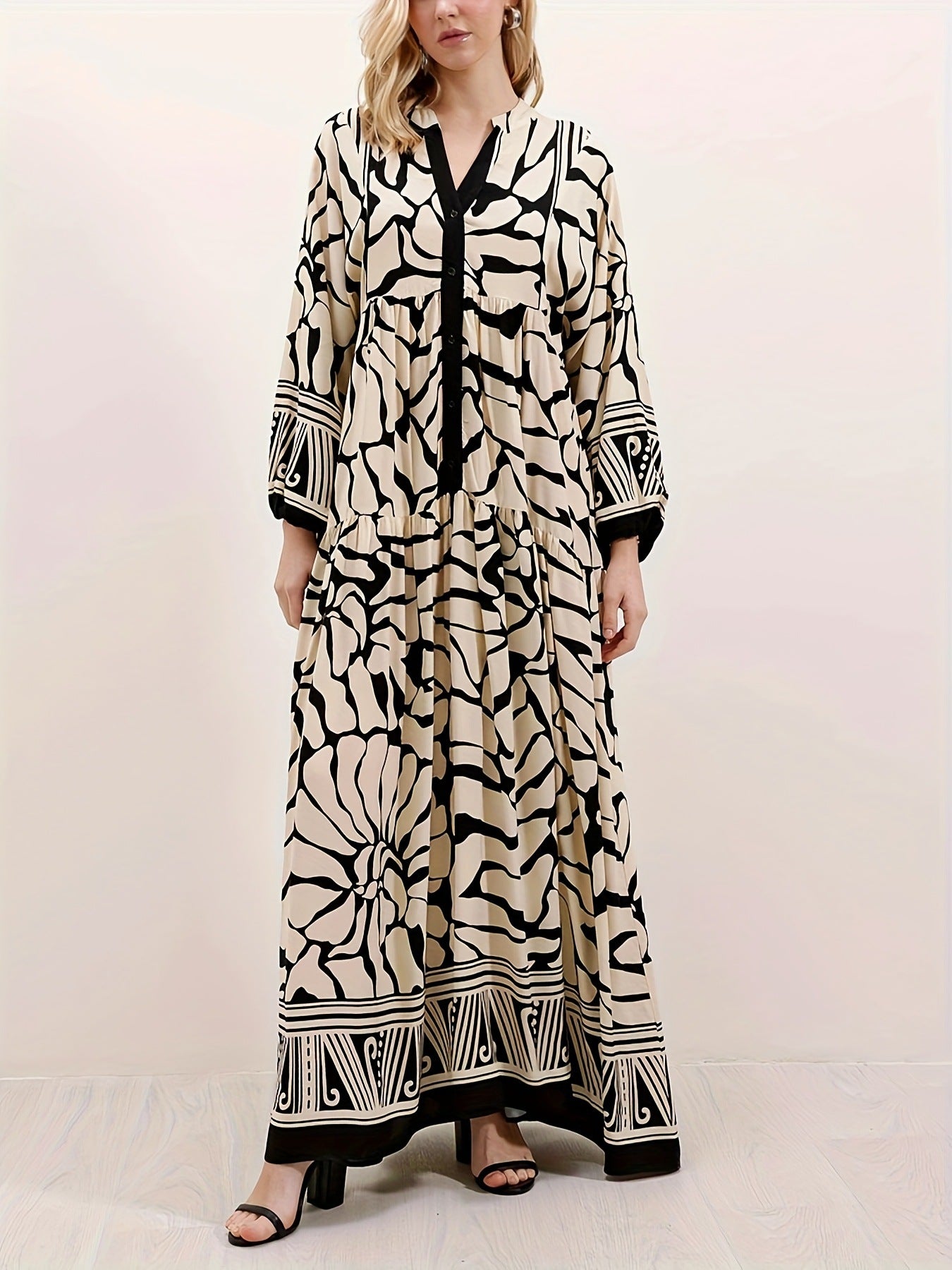 Margo & Main – cream and black print maxi dress patterned hem border detail, US women's sizes