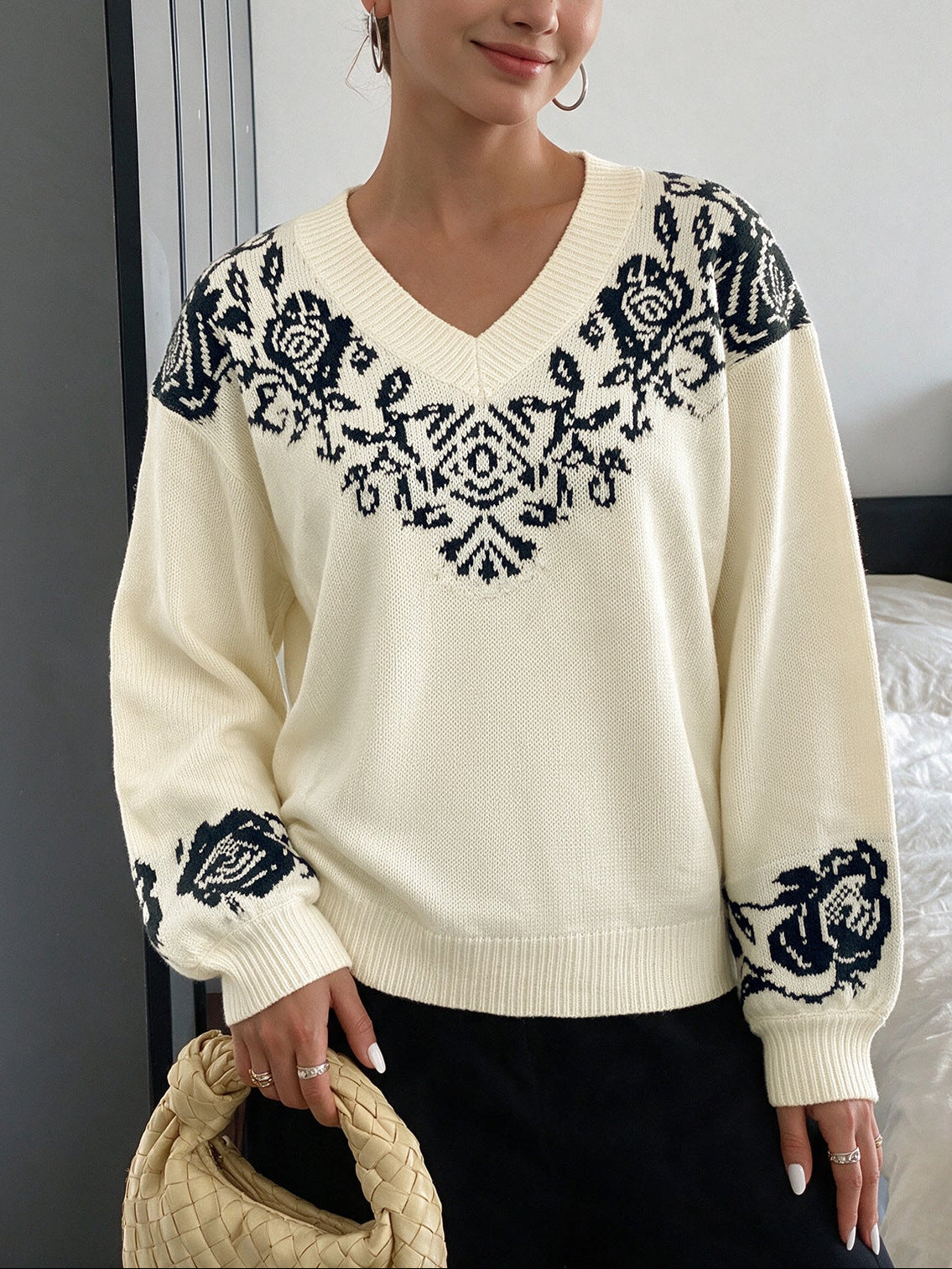 Enid Rose Jacquard V-Neck Knit Sweater