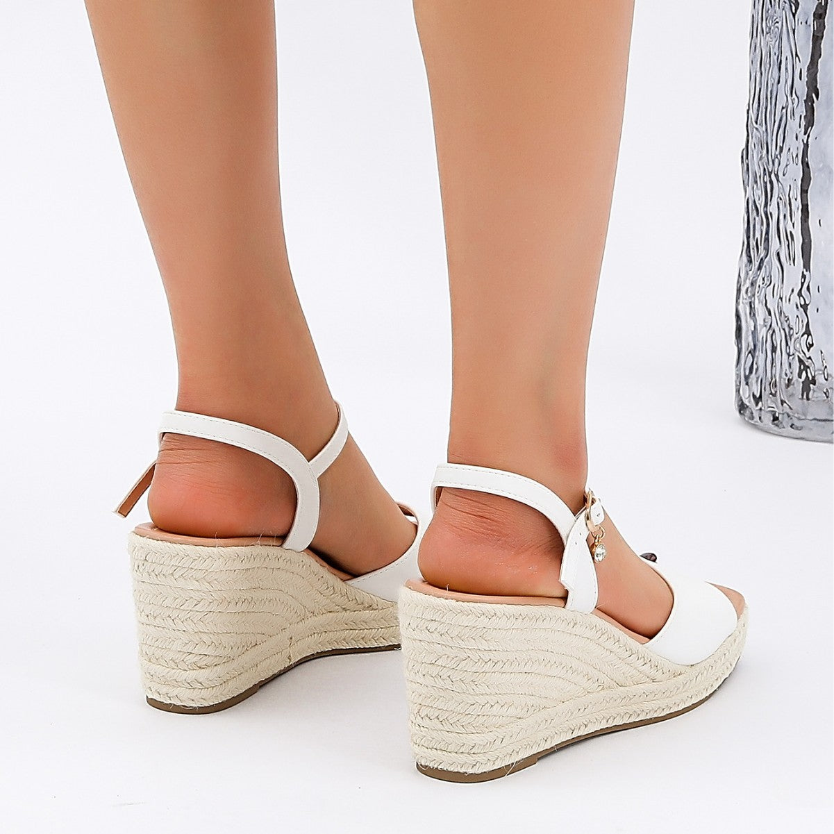 Margo & Main - White platform wedge sandals, back view showing the open heel, US women's sizes