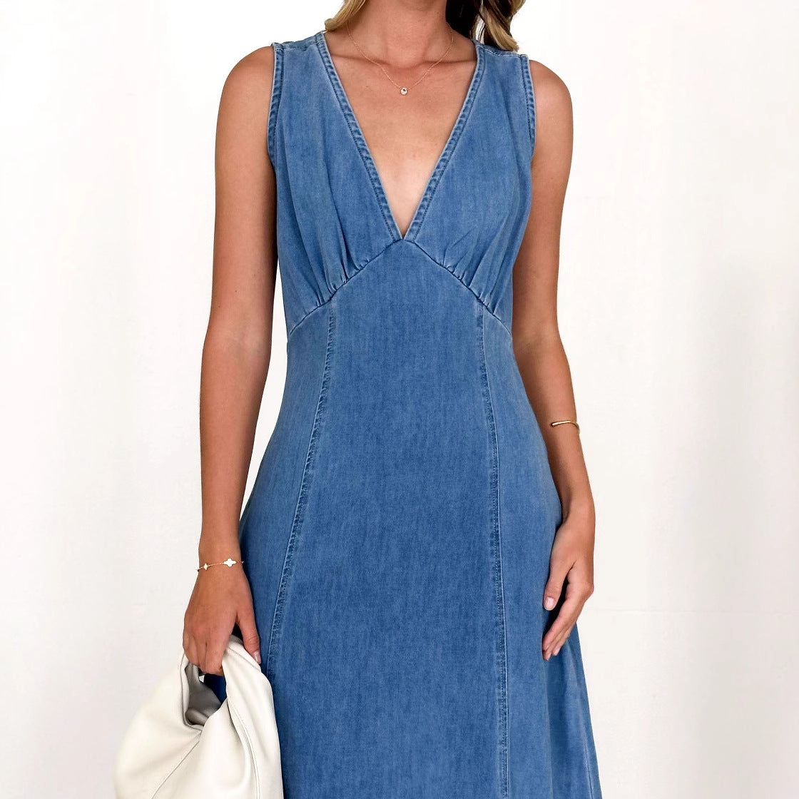 Margo & Main – blue denim maxi dress V neckline and empire waist detail, US women's sizes