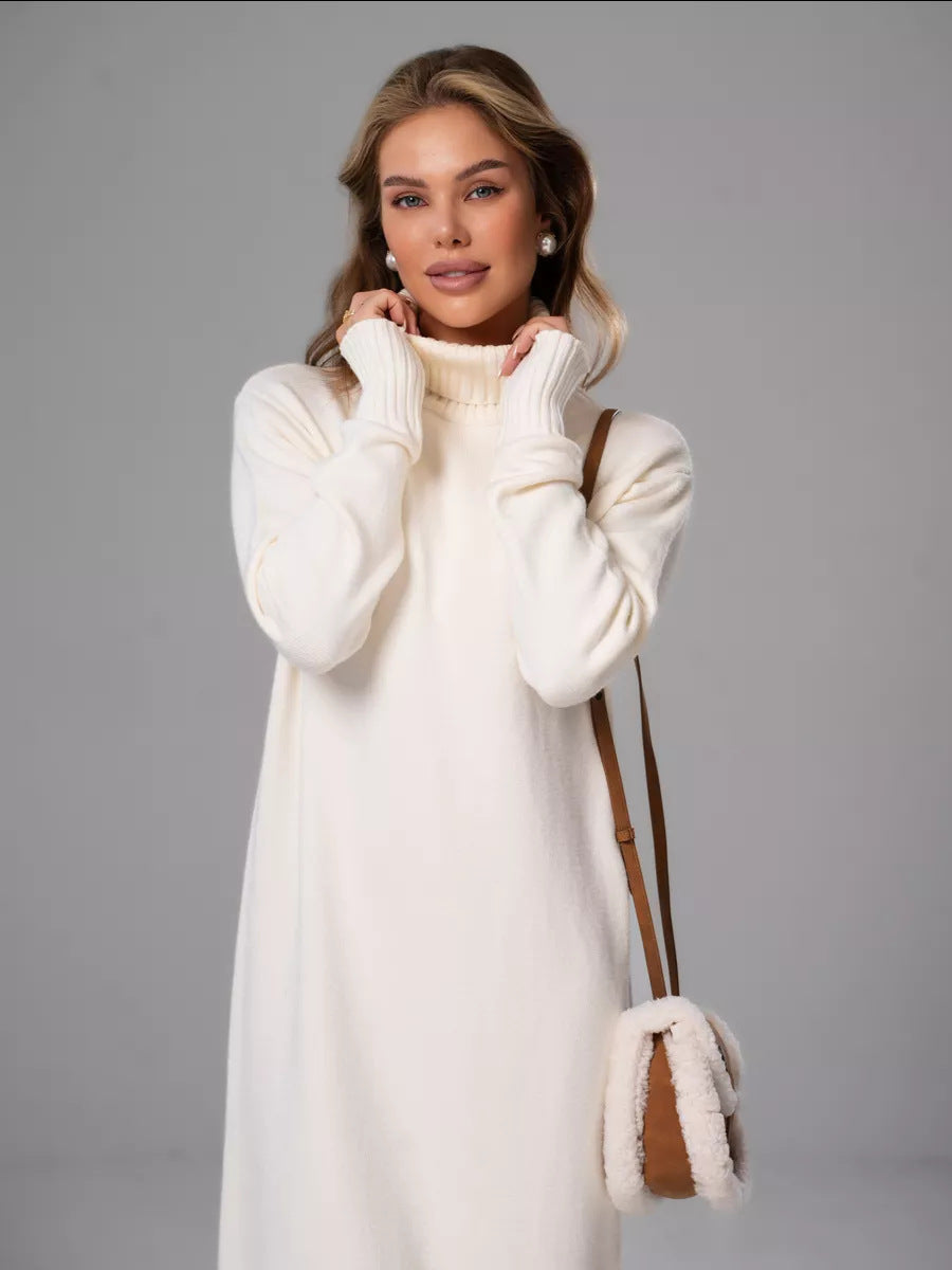 Margo & Main – turtleneck knit sweater dress, side view, US women's sizes