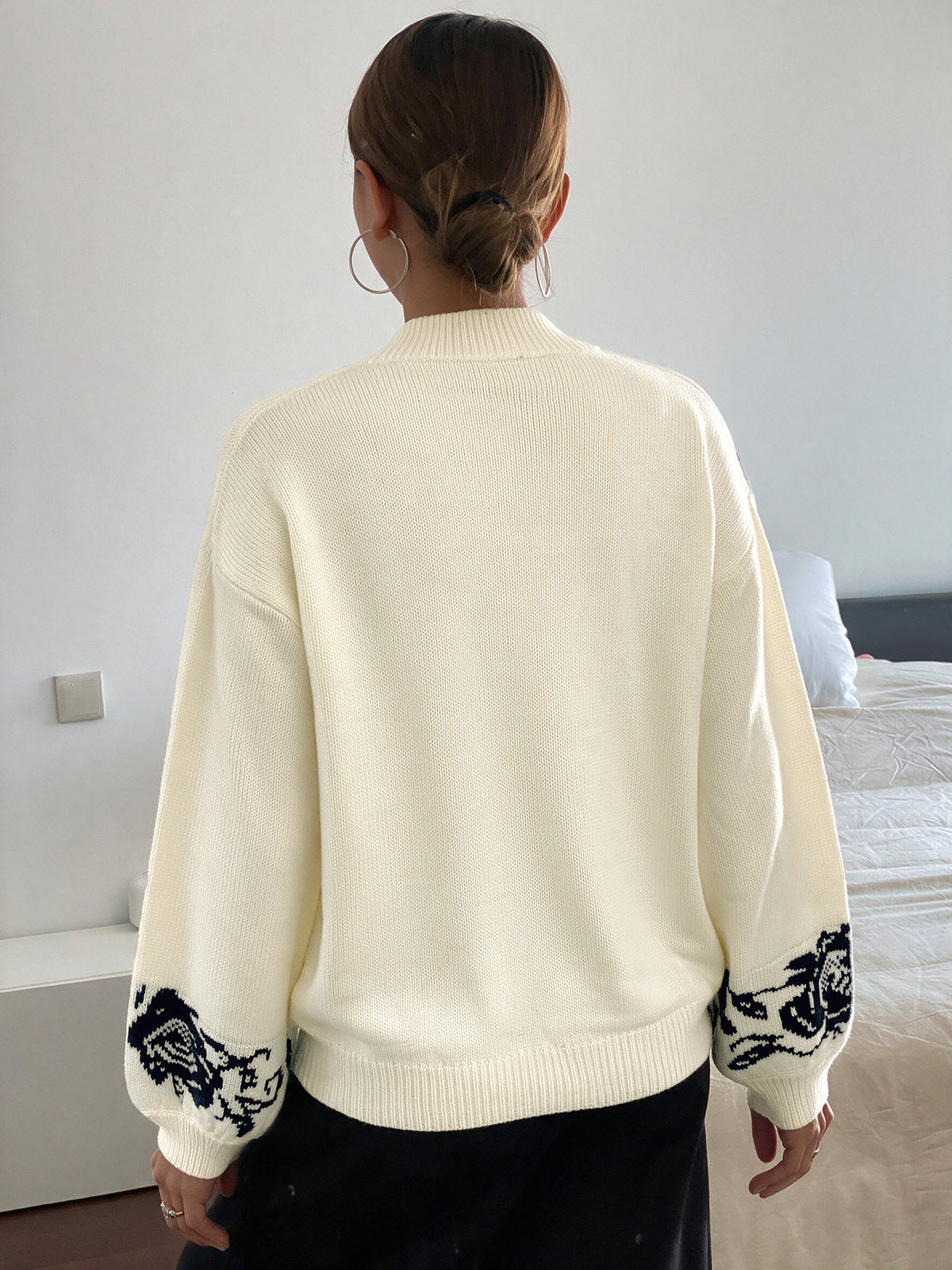 Enid Rose Jacquard V-Neck Knit Sweater
