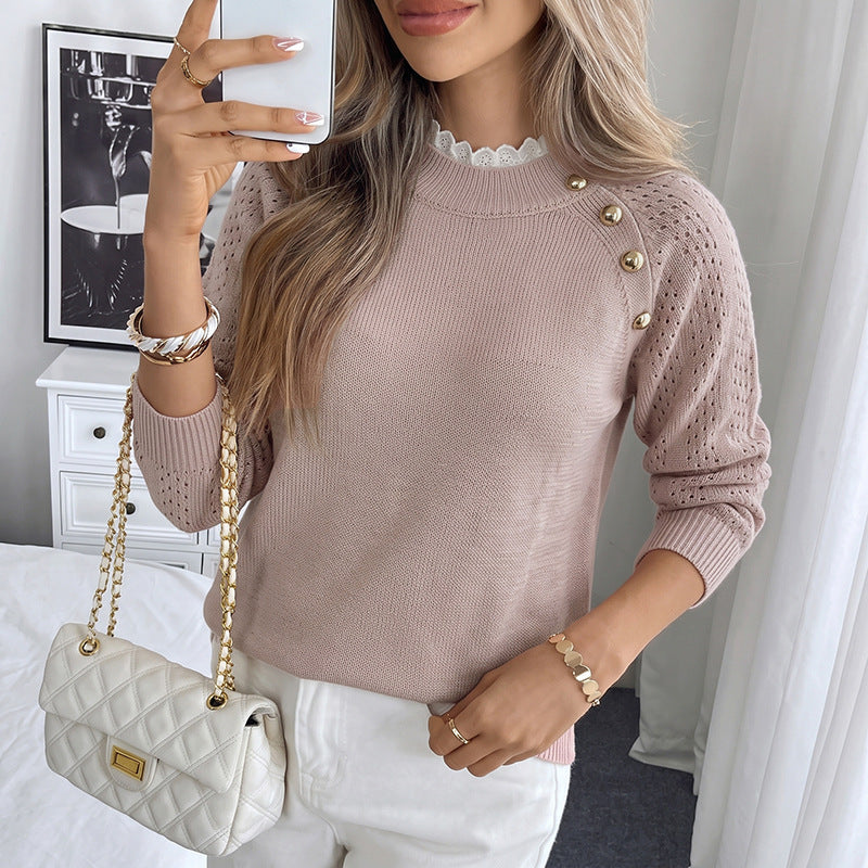 Rilla Lace-Trim Pointelle Button Sweater