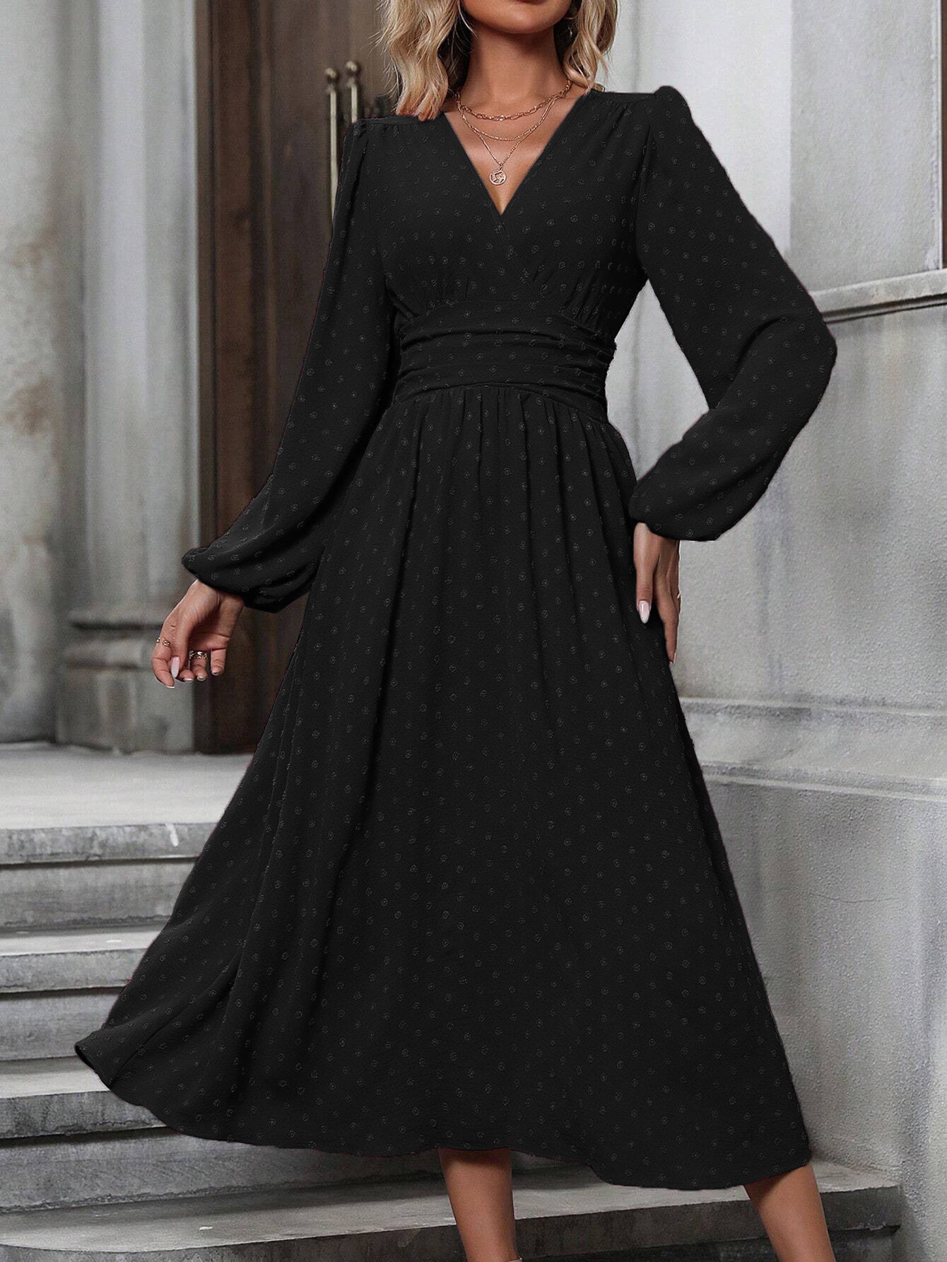 Margo & Main – Black Swiss Dot Chiffon Midi Dress Ruched Waist and Skirt View, US women's sizes