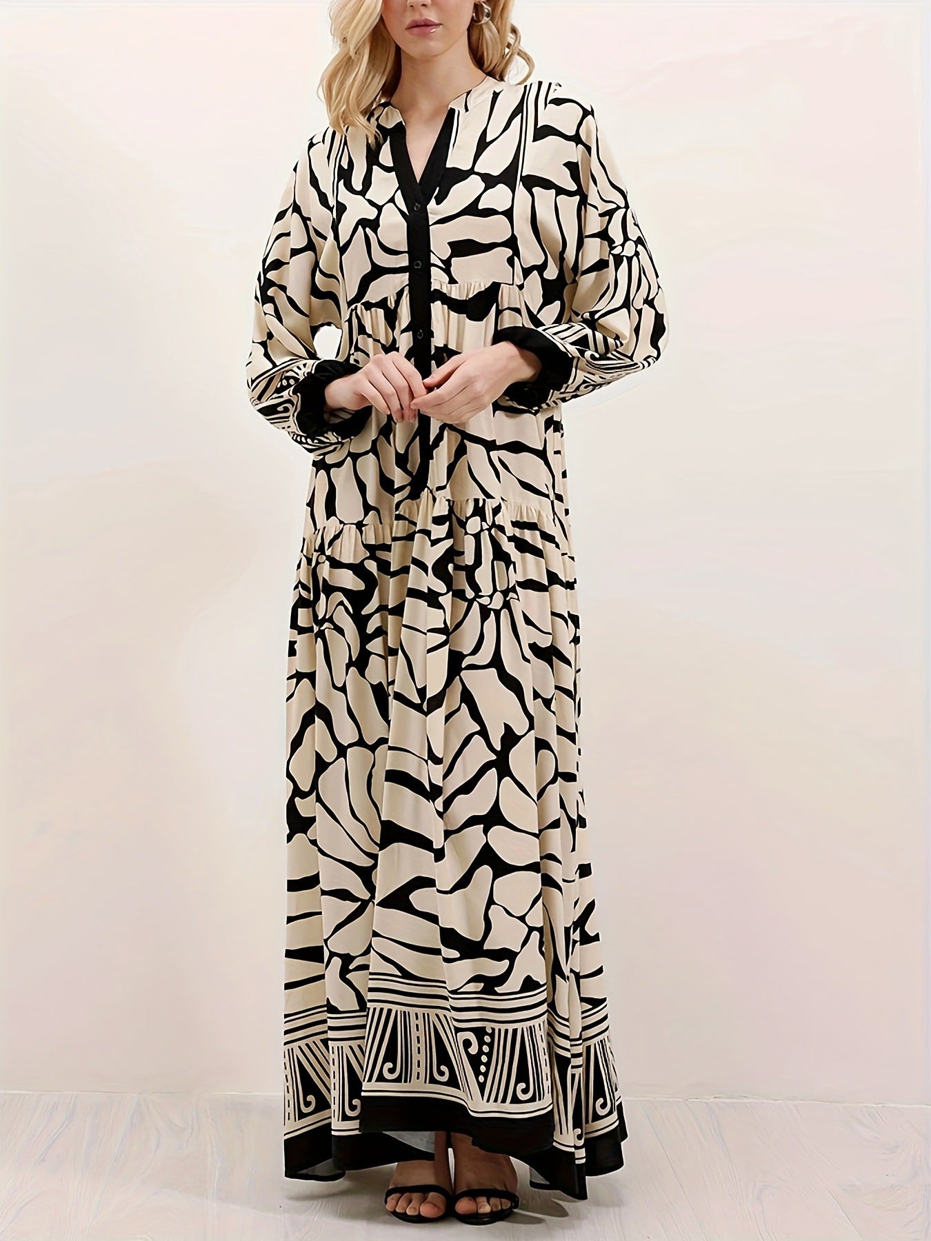 Margo & Main – cream and black print maxi dress bodice and blouson sleeve, US women's sizes