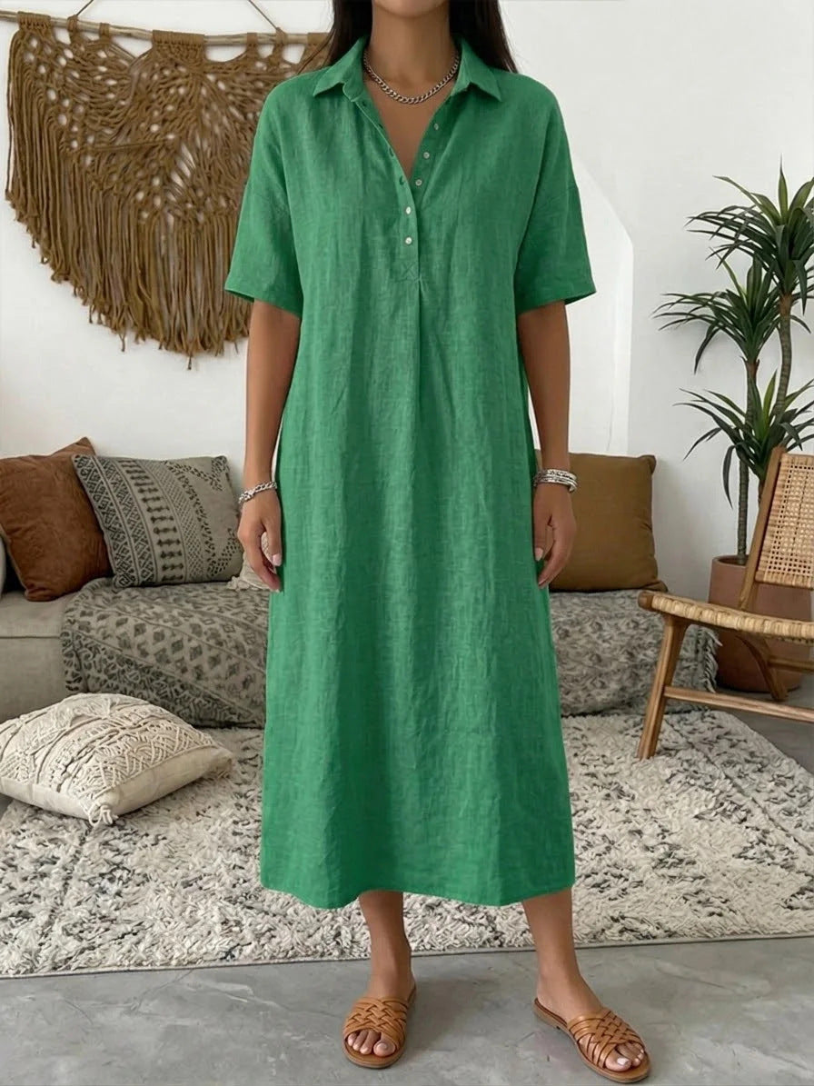Margo & Main – Fenna grass green collared linen shirt midi dress, full-length front view in a boho living room, US women's sizes