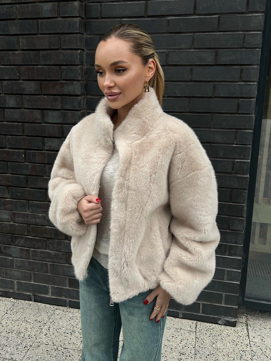 Essie Cropped Faux Fur Stand Collar Jacket