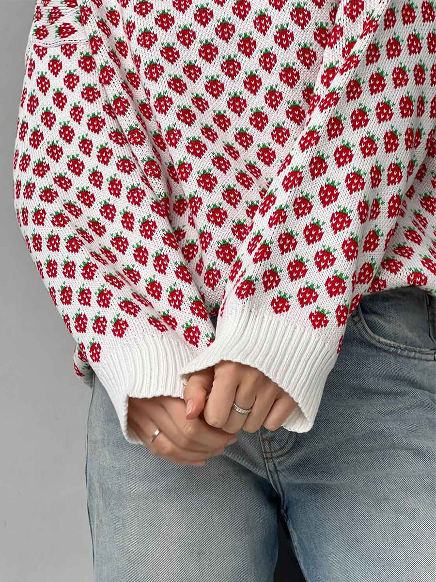 Alodie Strawberry Jacquard Crew Neck Sweater