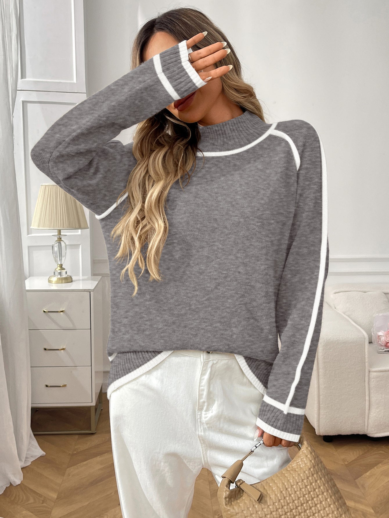 Margo & Main – contrast-trim mock neck sweater, worn view, US women's sizes