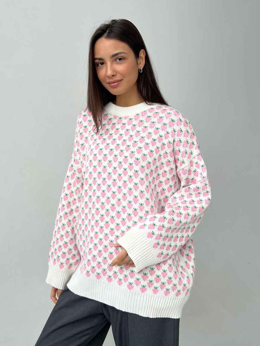 Alodie Strawberry Jacquard Crew Neck Sweater
