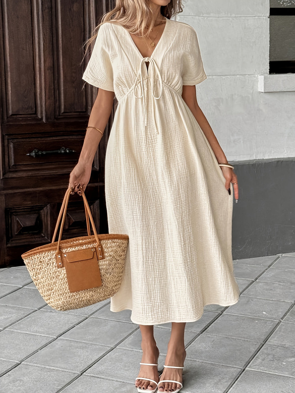 ladies casual midi dresses Tie-Front Gauze Dress Swatch:#c8c8c4 Relaxed Sleeve Length Lara 51076 Gloria Long Pre-order:32