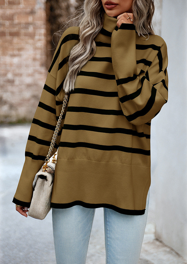Elvie Striped Mock Neck Side-Slit Sweater