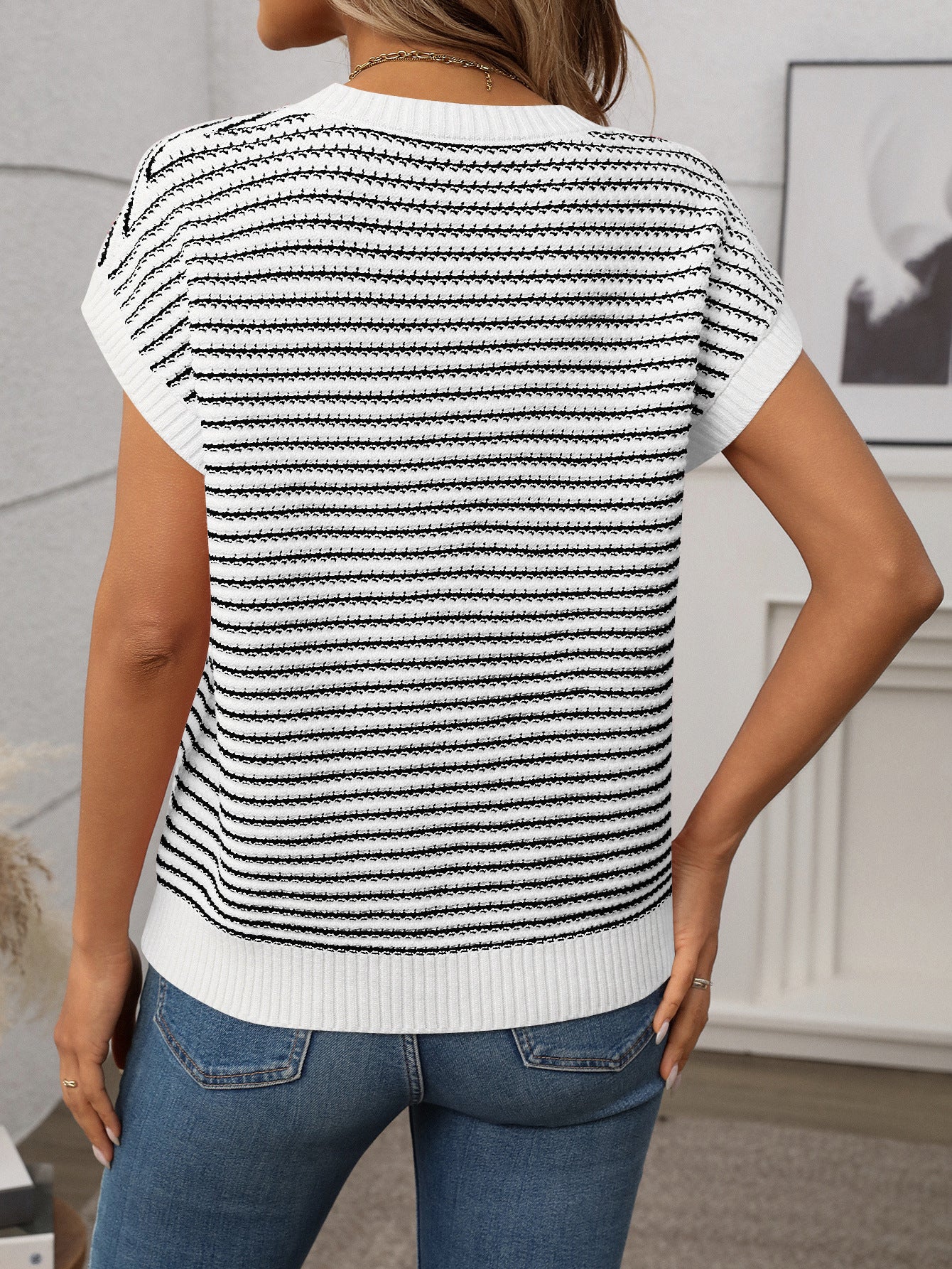 Irene Striped Textured Cap Sleeve Knit Top