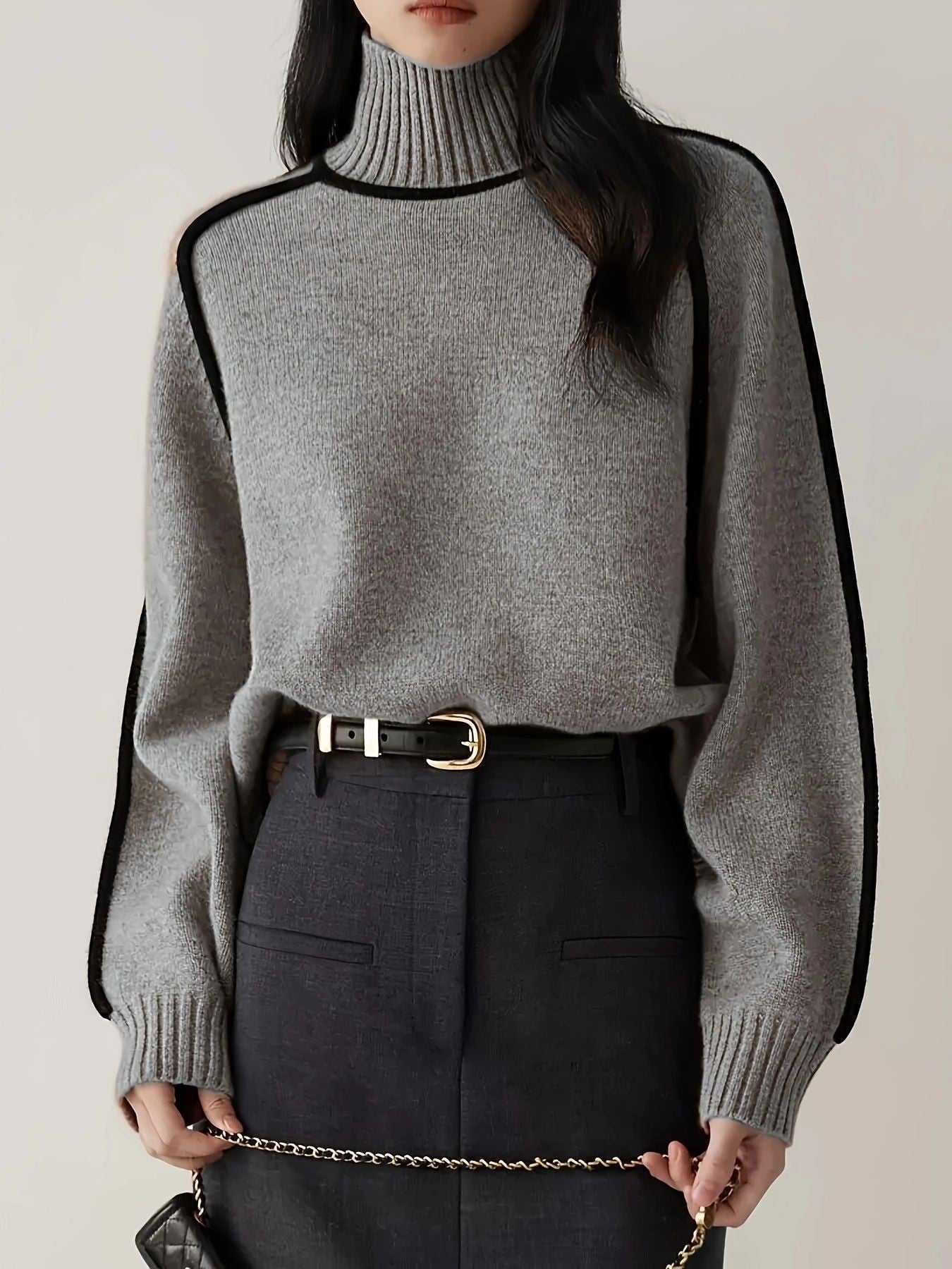 Margo & Main – contrast piping turtleneck sweater, angled view, US women's sizes
