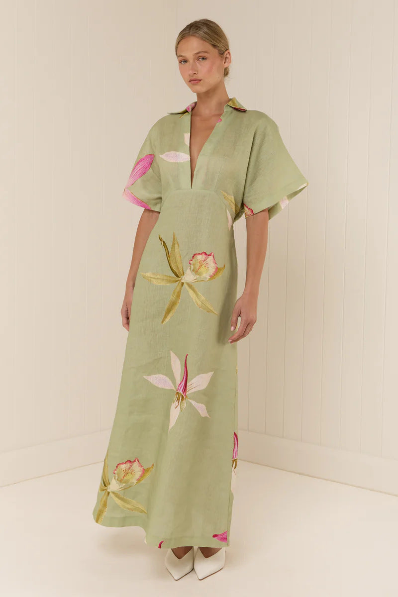 Margo & Main – linen floral collared maxi dress, front view, US women's sizes