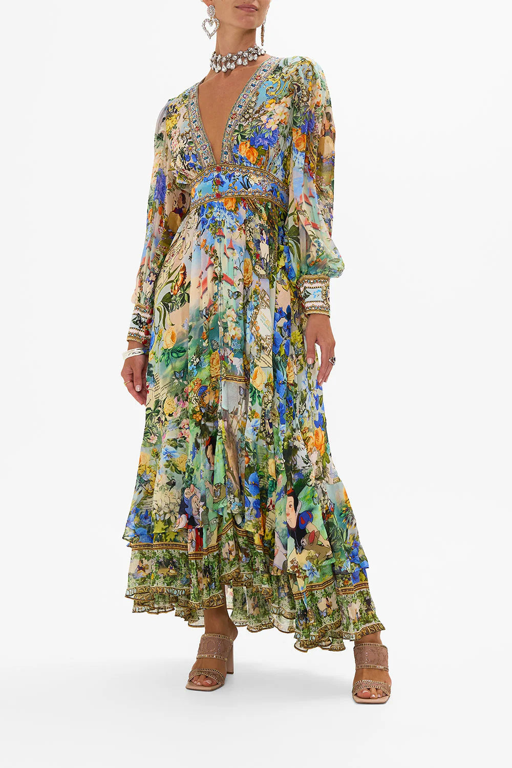 Margo & Main – floral chiffon puff sleeve maxi dress, full length view, US women's sizes
