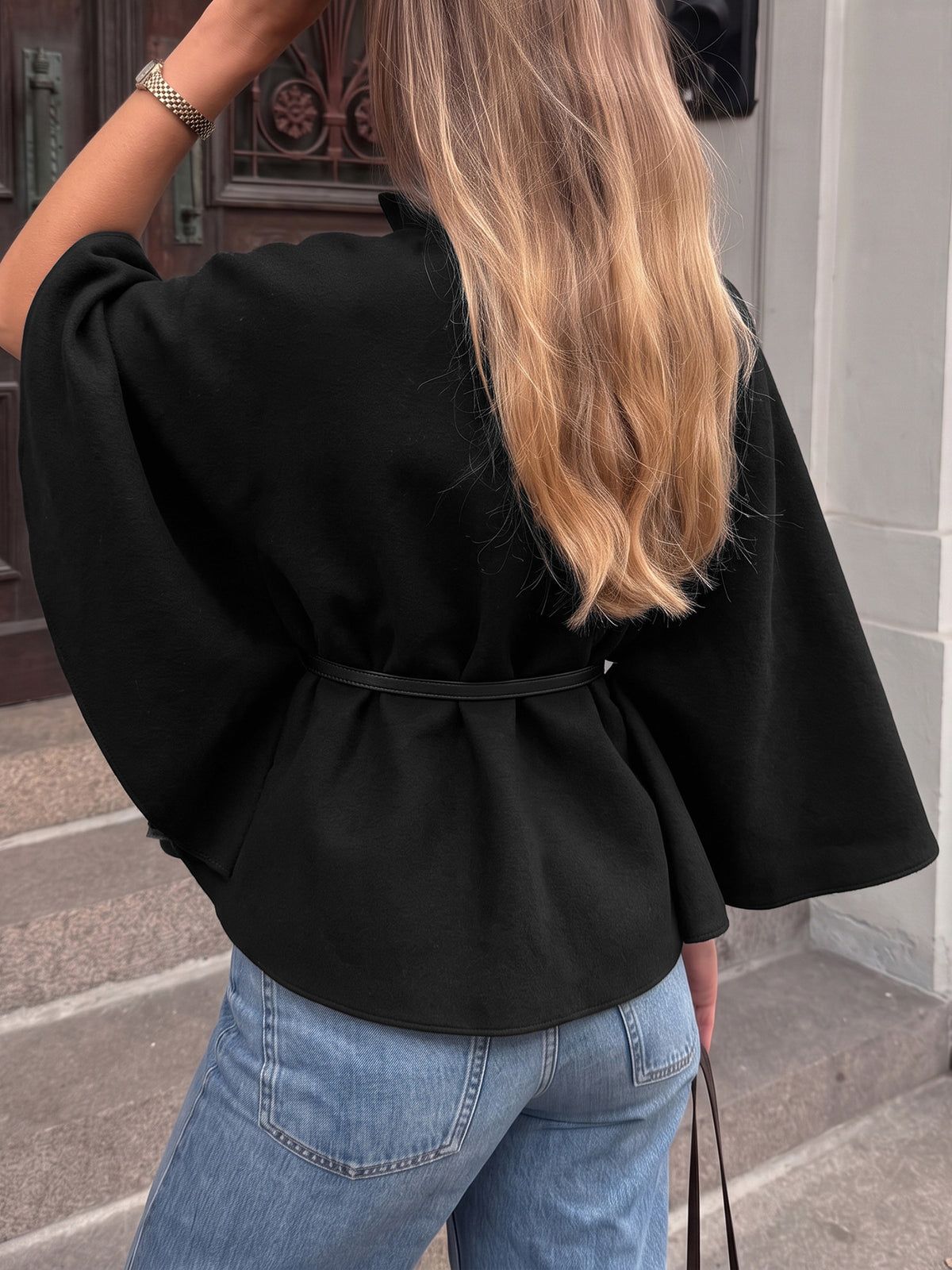 Chloris Wool Belted Stand-Collar Cape Coat