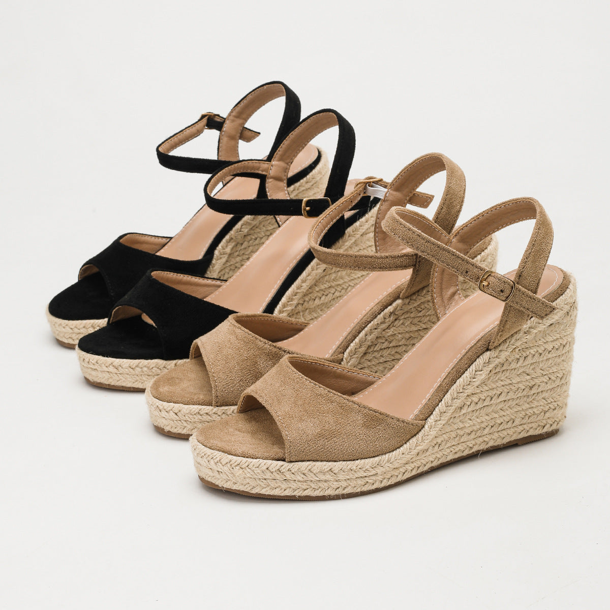 Margo & Main - black and tan espadrille wedge sandals, studio pair shown together, US women's sizes