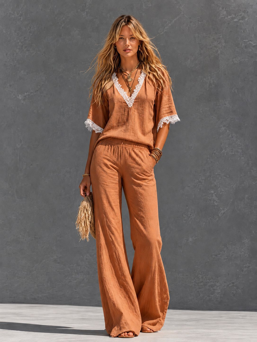 Zella Cotton Linen Lace Two Piece Pants Set