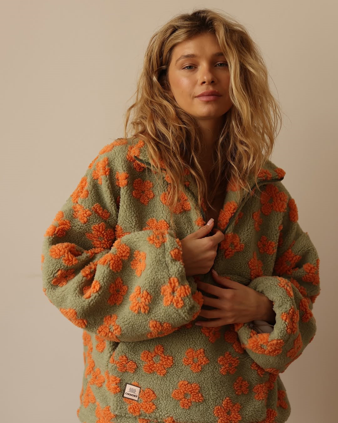 Margo & Main – floral sherpa half-zip pullover, side view, US women's sizes