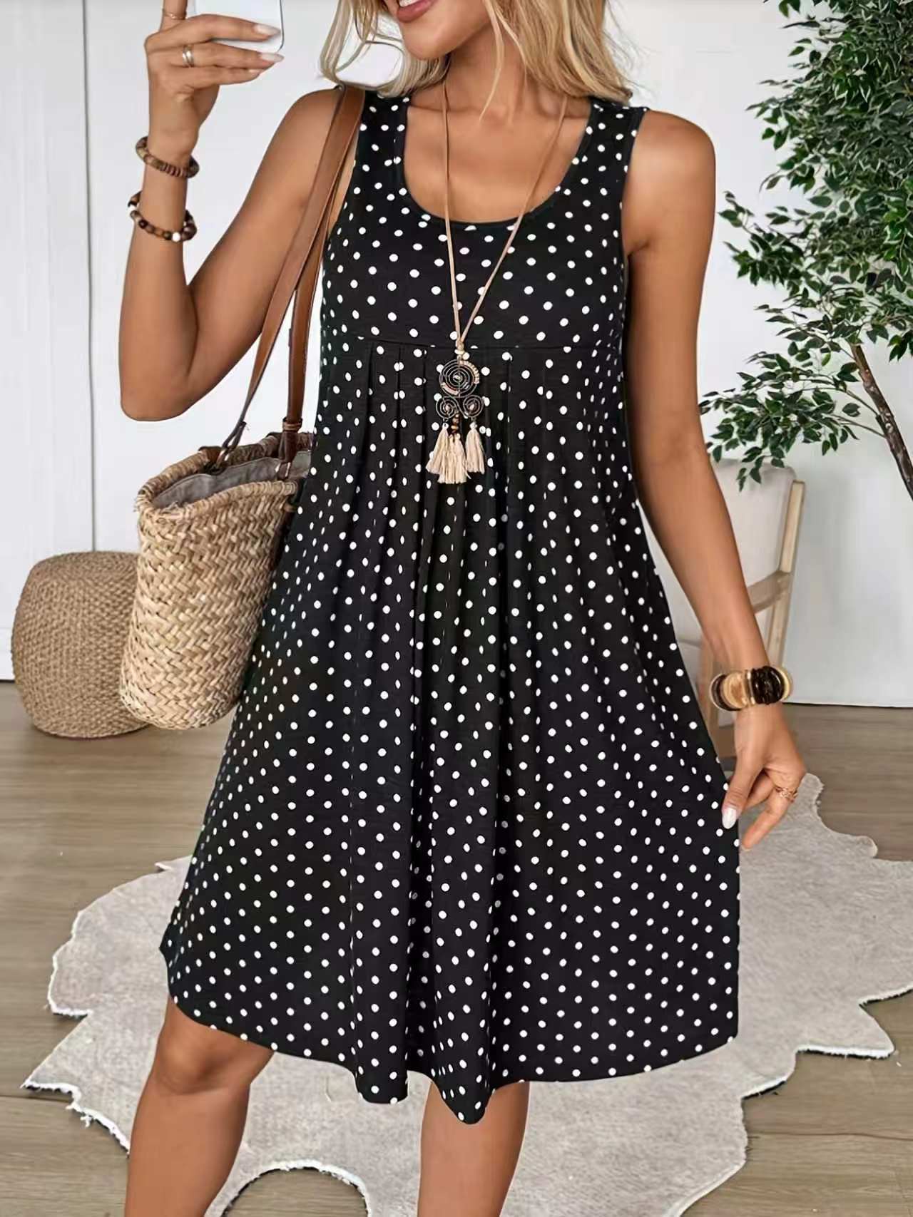 Vaela Polka Dot Sleeveless Swing Dress