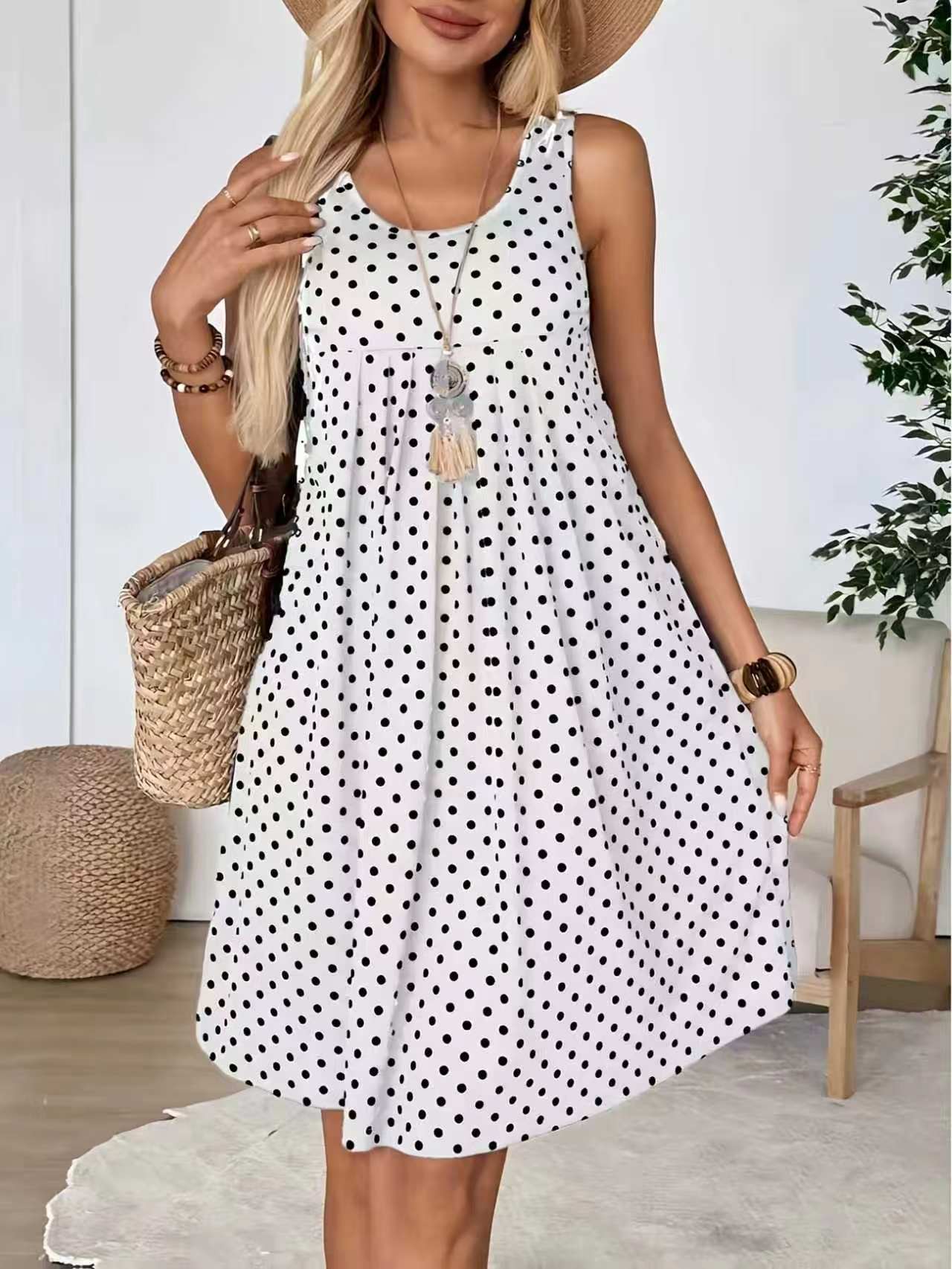 Vaela Polka Dot Sleeveless Swing Dress