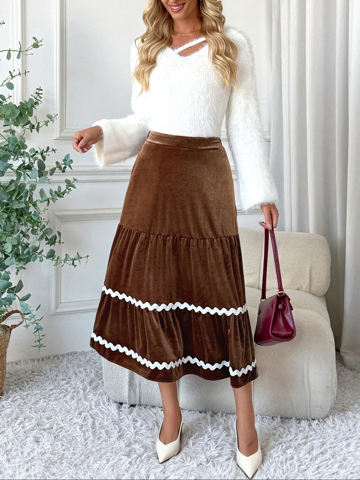 Marnie Velvet Tiered Ric Rac Midi Skirt