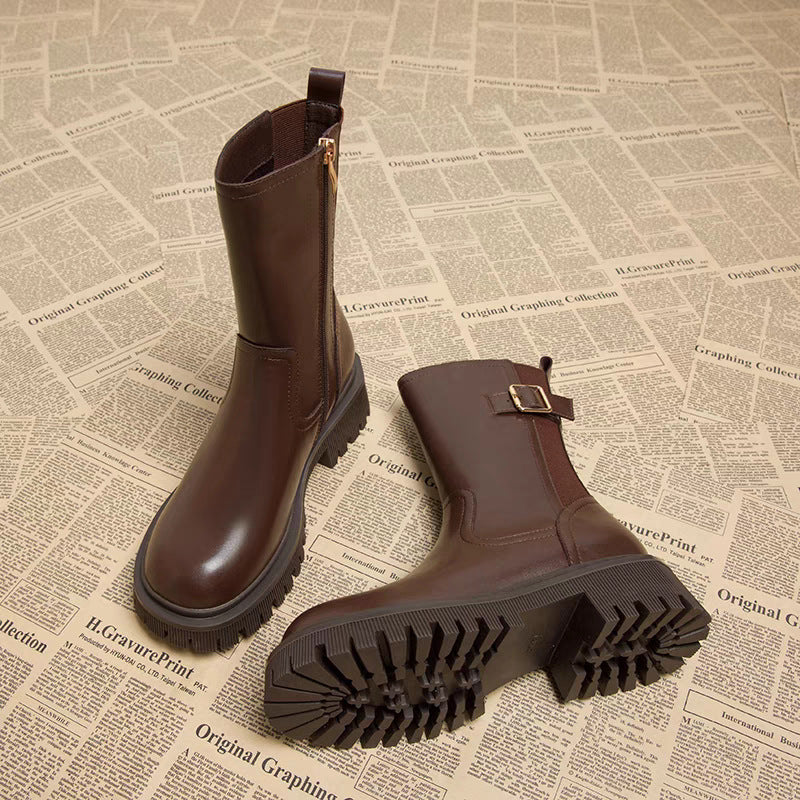 Vera Buckle Side-Zip Lug Sole Leather Chelsea Boots