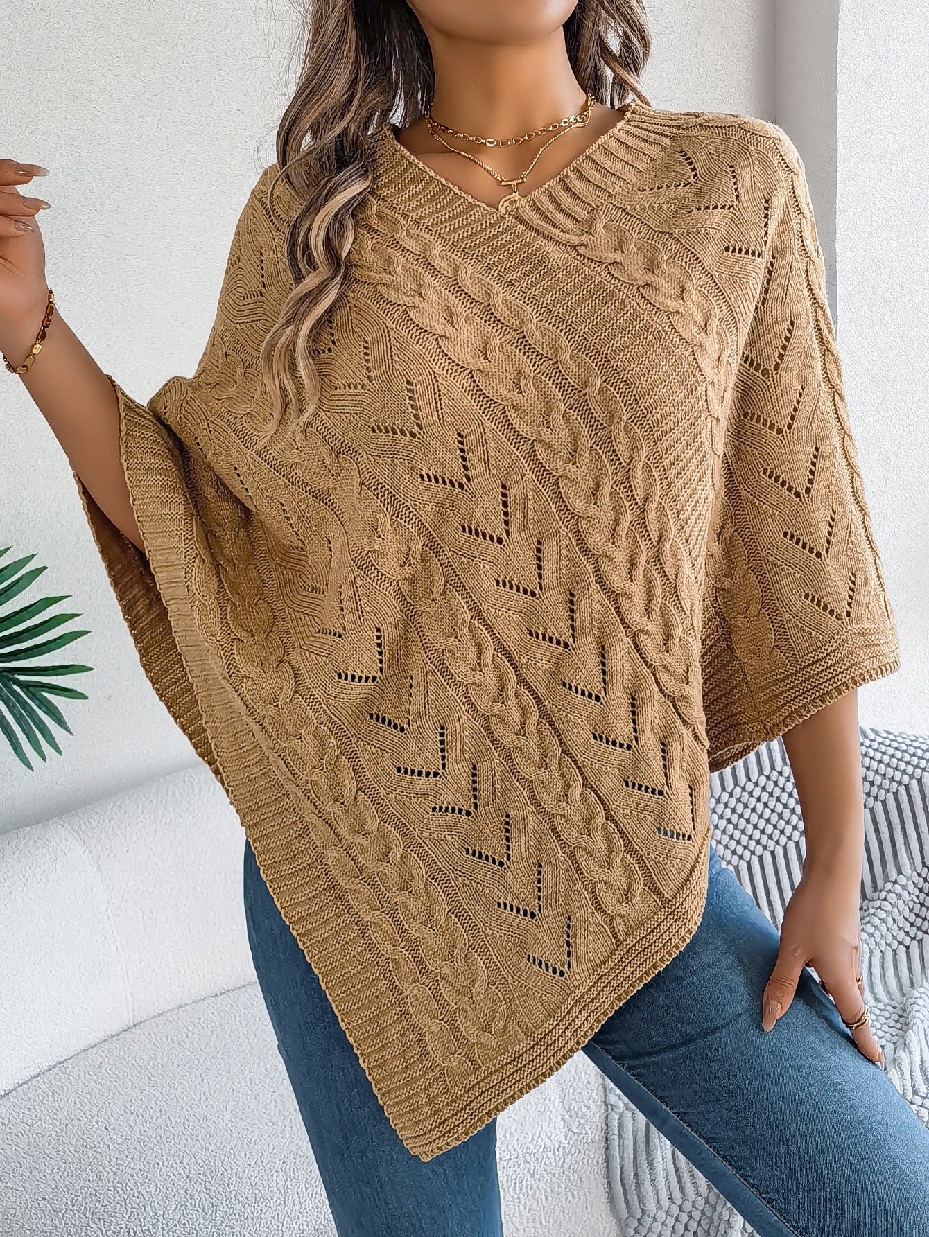 Margo & Main – cable knit v-neck cape poncho, side view, US women's sizes