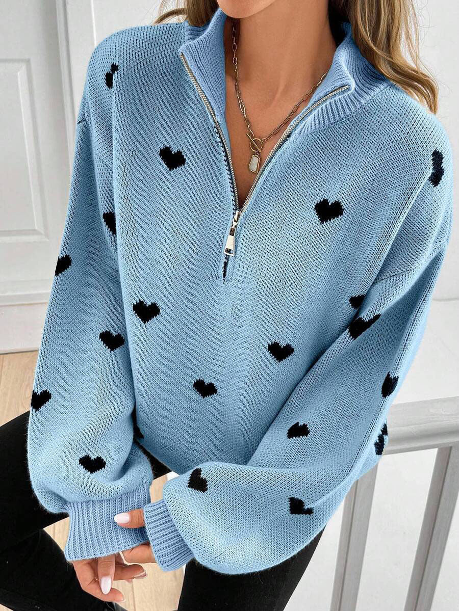Margo & Main – heart print quarter-zip sweater, back view, US women's sizes